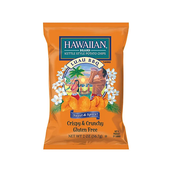 Hawaiian Brand Luau BBQ flavored potato chips packaging on a white background