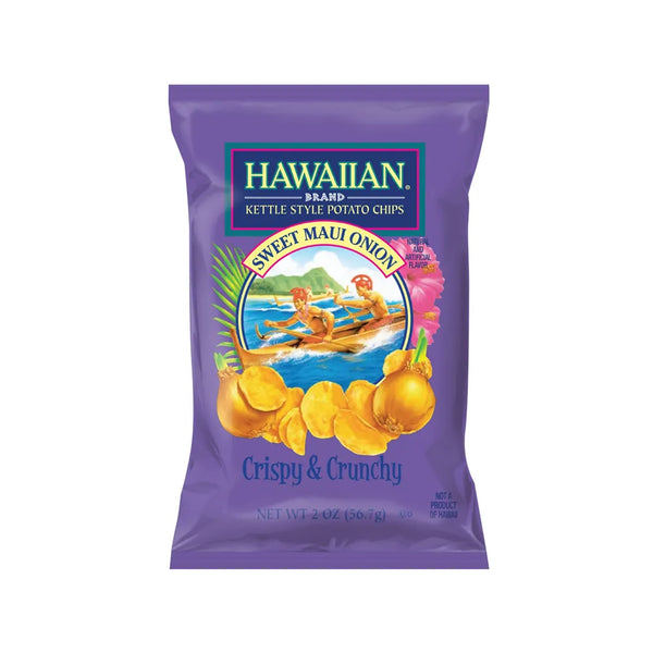 Purple package of Hawaiian brand sweet Maui onion potato chips on a white background