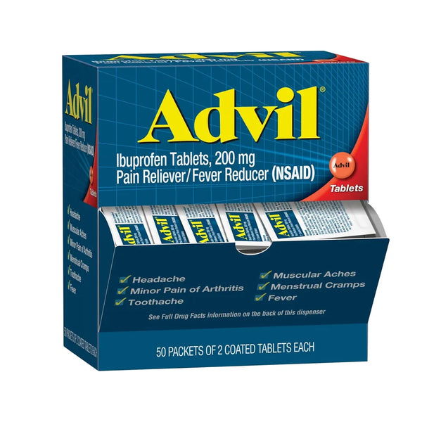 Box of Advil ibuprofen tablets on a white background