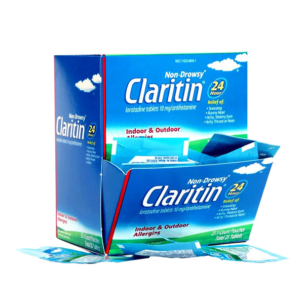 Box of Claritin allergy medication with multiple packages on a white background